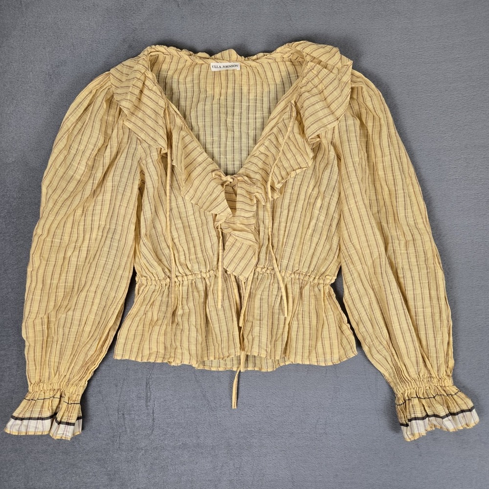 Ulla Johnson Blouse 8 Womens Kalila Striped Ruffle Cotton Shirt Yellow Top